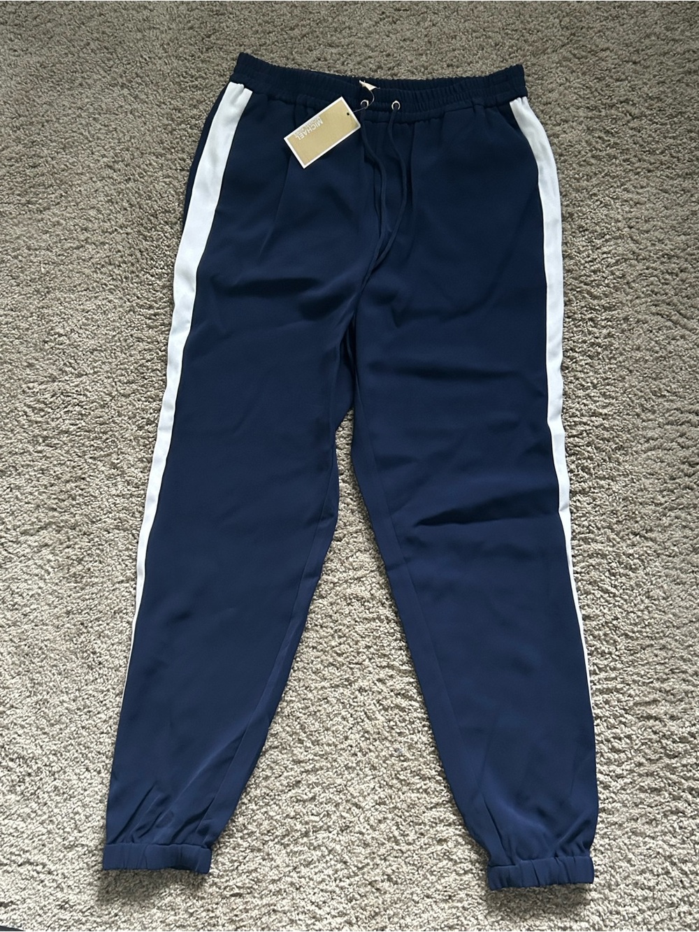 MICHAEL Michael Kors Women’s Navy White Striped Jogger Pants Drawstring